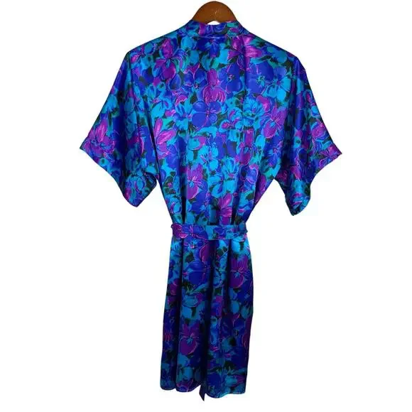 Vintage JO Intimates Robe Kimono Satin Blue Purple Floral Pocket Women's M - Picture 5 of 6